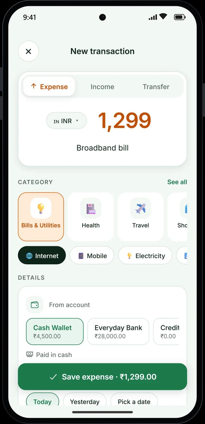 Adding a new expense with a category and subcategory