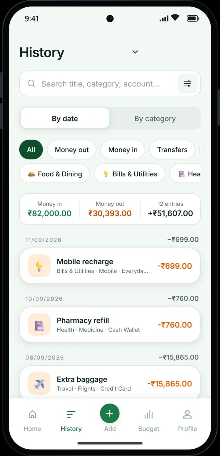 Transaction history with search and quick filters