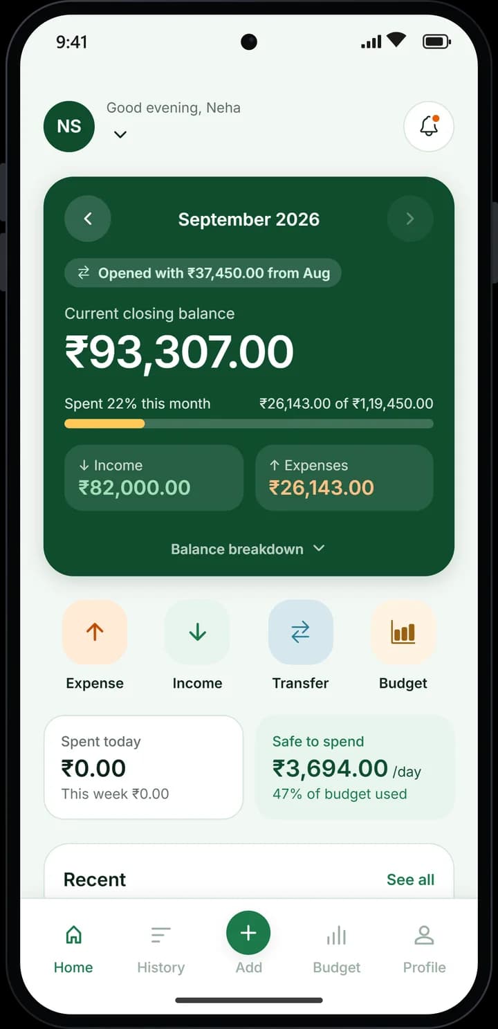 OurHisab home screen showing the month's closing balance, income, and expenses