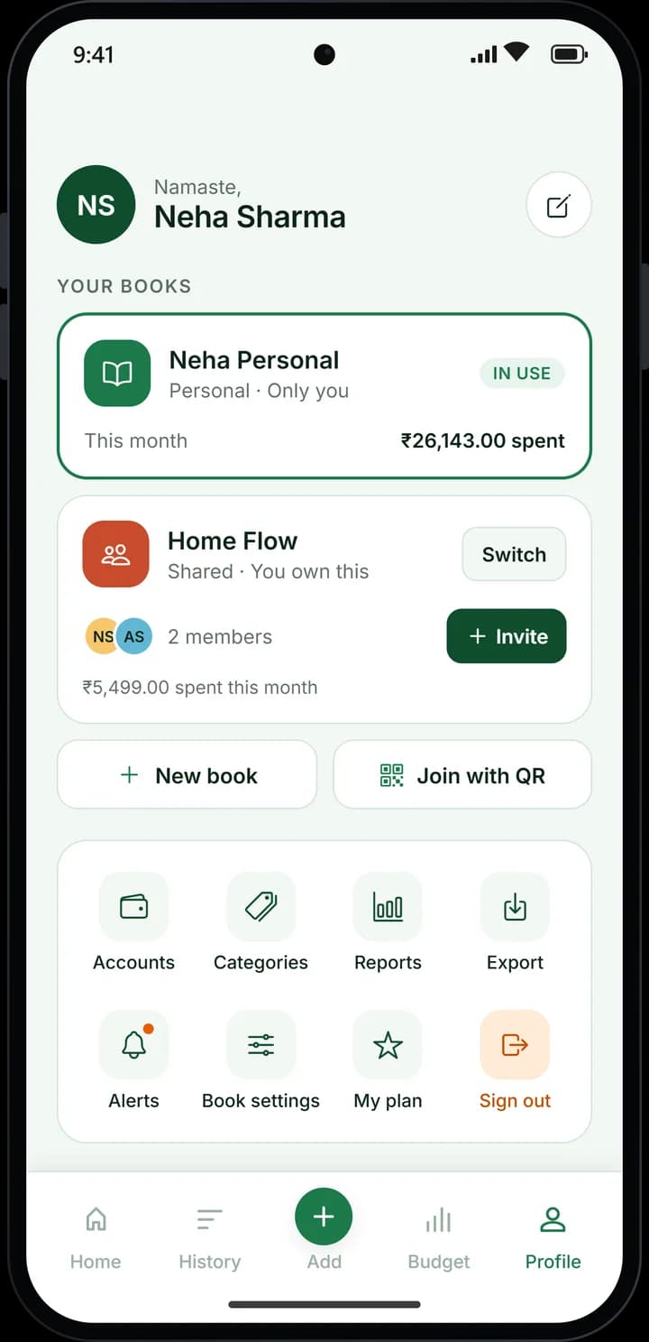 Personal and shared books, with family members invited to a book